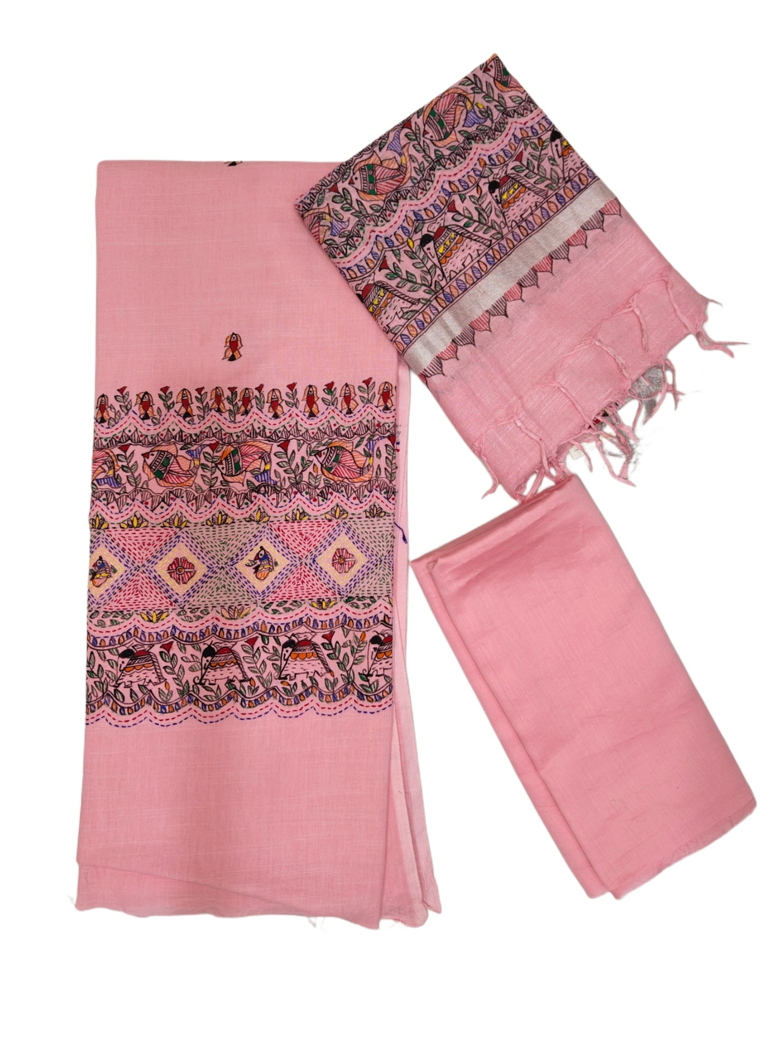 Hand-painted Madhubani with Sujni Embroidery Unstitched Suit Set on Cotton in Soft Pink